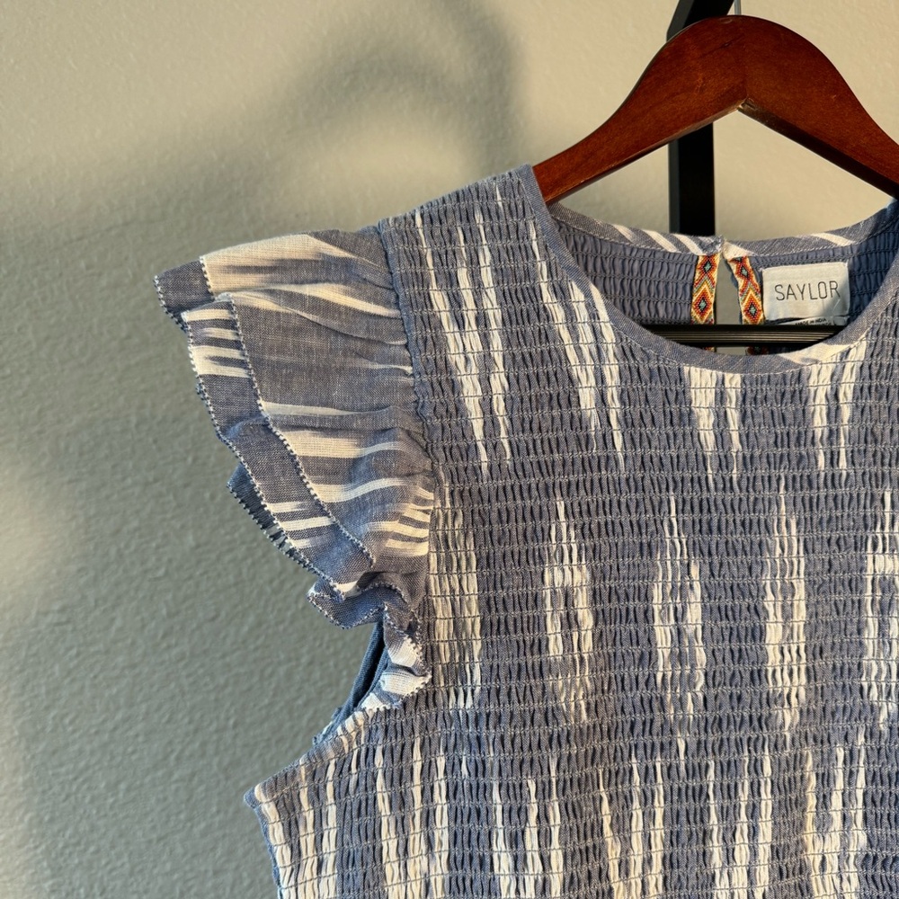 SAYLOR Zinnia Indigo Blue Ruffle Ikat Mini Dress NWOT - Picture 8 of 12